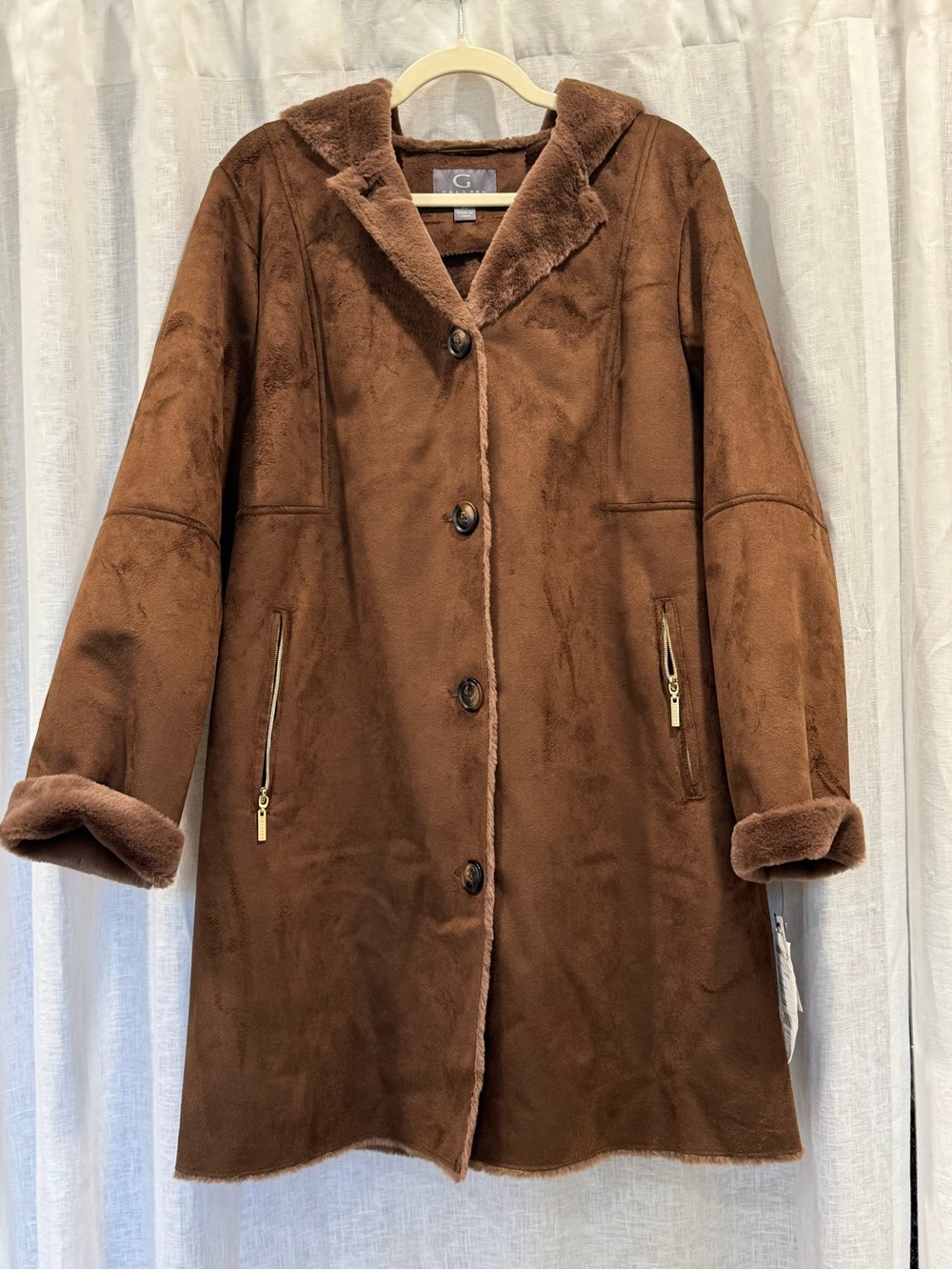 Gallery Faux Suede Faux Shearling Hooded Long Coat Brown XL NWT - Picture 3 of 13